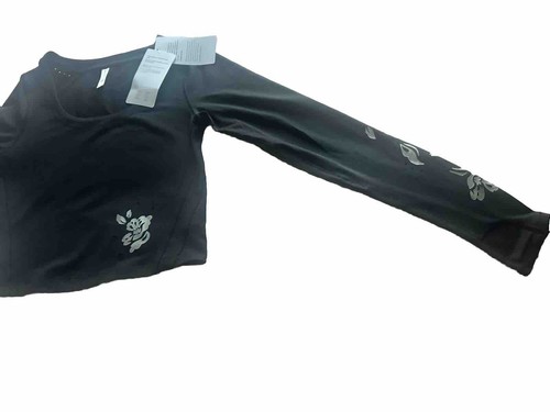 Athleta Shanti Eyelet Top. Small P. Crop Length. Black With Silver Flowers.NWT - Picture 4 of 6