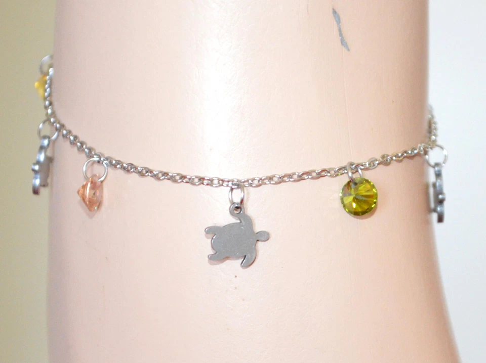 Cavigliera donna argento acciaio ciondoli cristalli verde blu gialli rosa S73 - Immagine 4 di 4