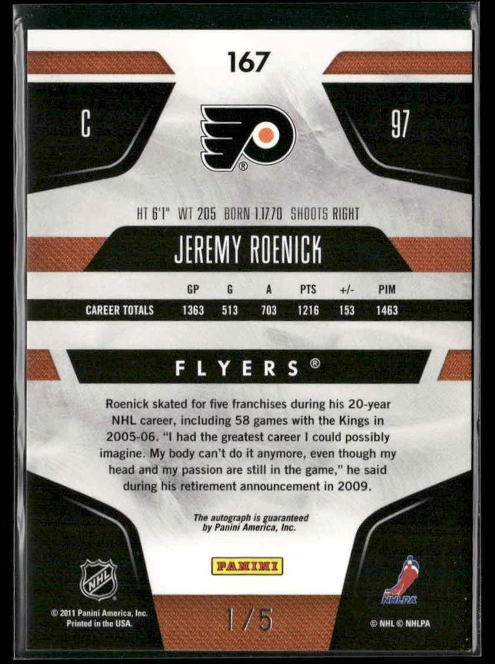 2011-12 Panini Certified #167 Jeremy Roenick Mirror Emerald Signatures #/5 - Image 2 of 2