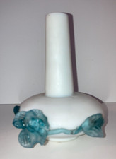 Vintage Antique  White Custard Uranium Glass Bud Vase w/Blue Applied Flowers