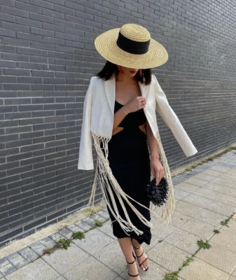 ZARA NEW WOMAN SAND MACRAME CROPPED BLAZER WITH FRINGING SIZE S - Image 1 of 4