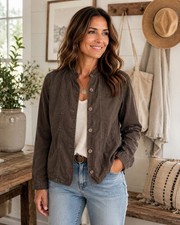 Chico's Womens Size 1 10/12 Brown Linen Wood Button Accent Lightweight Jacket