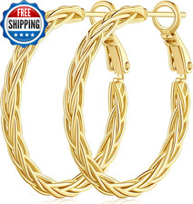 14K Gold Hoop Earrings for Women Trendy Thick Twisted Hoops Earring Fine Weave D