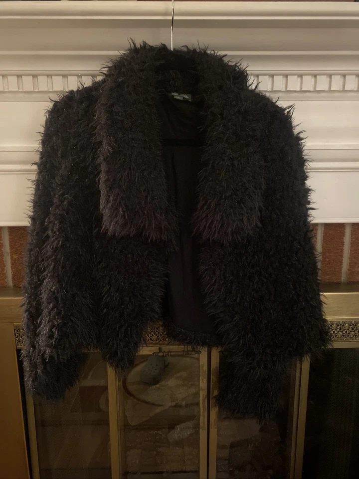 Wild Fable Black Fuzzy Ombre Faux Fur Jacket Rave Coat 70s Style Groovy - Image 2 of 4