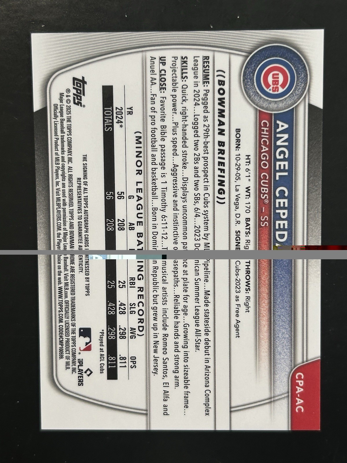 Angel Cepeda 2025 Bowman Chrome Prospect Speckle Refractor Auto /299  Cubs view 2