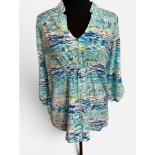 Lilly Pulitzer Beach Print Tunic Top Blue Green Cotton Roll Tab Sleeve Medium