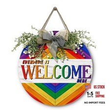 Everyone is Welcome Here Door Wreath Gay Pride Rainbow Wood Door Sign LGBT