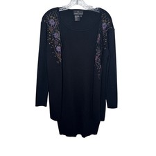 Carole Little Petite Dresses Black Knit Floral Embroidered Long Sleeve Size P/S