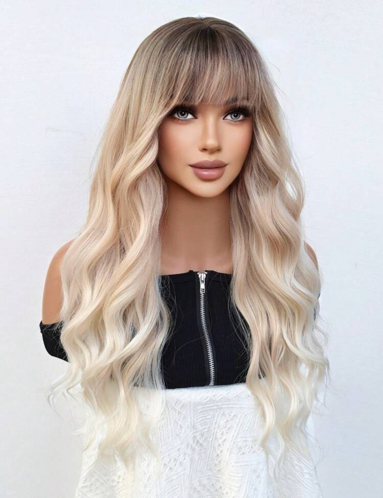 Perruque longue bouclée blond platine à effet racines foncées avec accessoires - 4