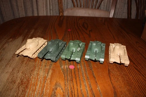 Set of Three Timmee Army M48 Patton Tanks and Two Tan Clone Tanks - Marx, MPC