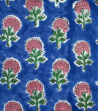 Blue Pink Green Indian Block Print By the Yard Fabric for Sewing Dressmaking
