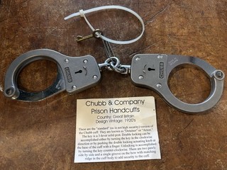 Antique Handcuffs Chubb & Co Prison Handcuffs “detainer” 1920’s w/ Key
