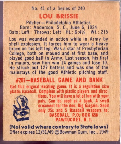 1949 Bowman #41 LOU BRISSIE Philadelphia Athletics RC EX - Bild 2 von 2