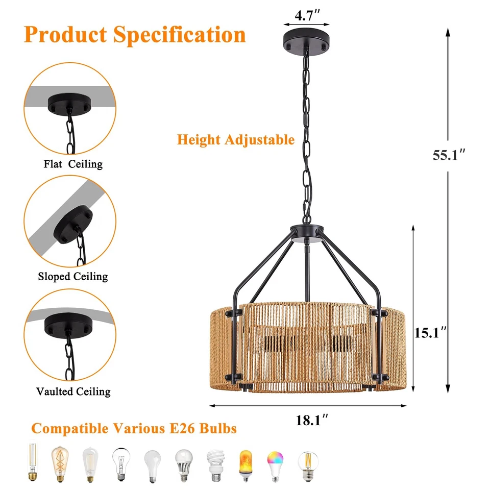 Lámpara de araña de ratán de 18,1", 4 luces grande negra colgante tejido de mimbre... Foto 3 de 4