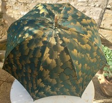 Japanese-Style Silk Parasol Umbrella Green  Gold 19th Century Carved Handle