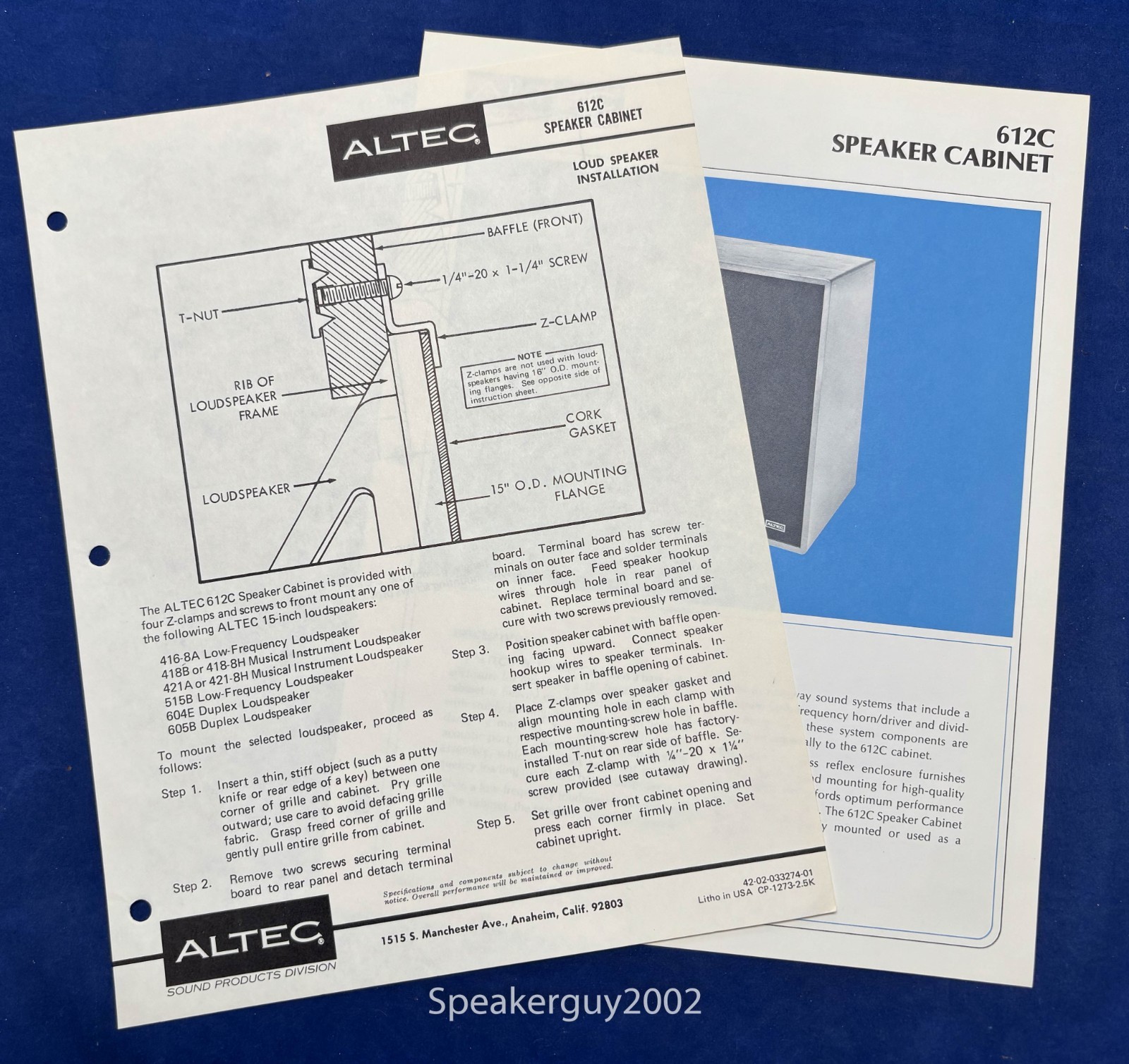 Vintage Altec Assembly Instructions & Spec Sheet / 612C Speaker
