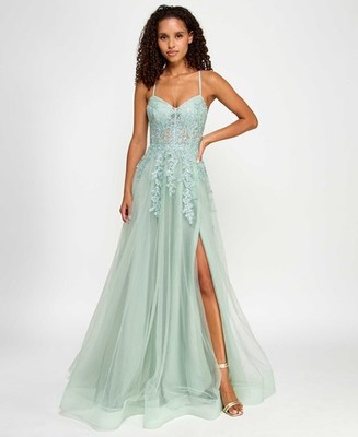 Say Yes Juniors' Embroidered Applique Side-Slit Ball Gown - Soft Mint - 1/2 | eBay Say Yes Juniors' Embroidered Applique Side-Slit Ball Gown - Soft Mint - 1/2 | eBay