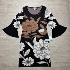 London Times Bell Sleeve Floral Print Sheath Sweater Dress NWT Women's XL Black