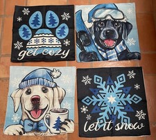 Set of 4 New Cute Dogs Winter Blue Decorative Pillow Covers 17 X 17  
