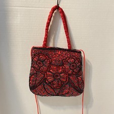 Vintage 90s Looking Black Beaded Red Satin Evening Handbag Crossbody purse