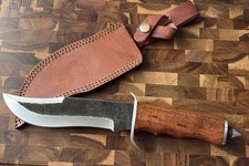 13 Carbon Steel Blade Spike Bowie Knife With Wooden Handle And Leather Sheath