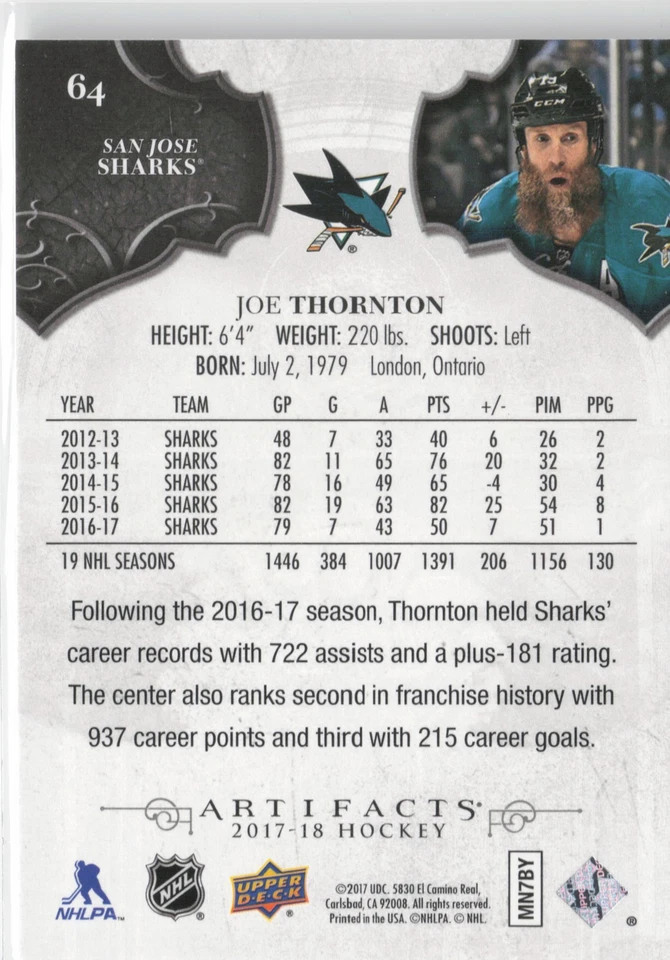 2017-18 Upper Deck Artifacts #64 Joe Thornton - Image 2 of 2