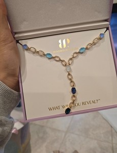 Authentic Gold Plated Blue Oval Crystal Y-Drop Lariat Necklace Adjustable 27" NK69637