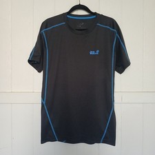 Jack Wolfskin Shirt Athletic Tech Tee Logo Spell Out Men s XL Gray Blue SS