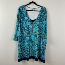 Catherines Half-Zip V-Neck Tunic Duet Size 4X Blue Green 3/4 Sleeves Stretch