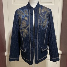 Alfred Dunner Size 12 Navy Blue Embroidered Floral Paisley Blazer Jacket Top