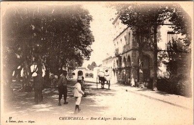 Cherchell Algeria Rue d'Alger Hotel Nicolas Tree Lined Street Sepia Postcard