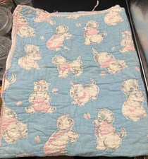 Vintage Hand Stitched Kitten Baby Blanket Quilt 33 1/4" x 40"