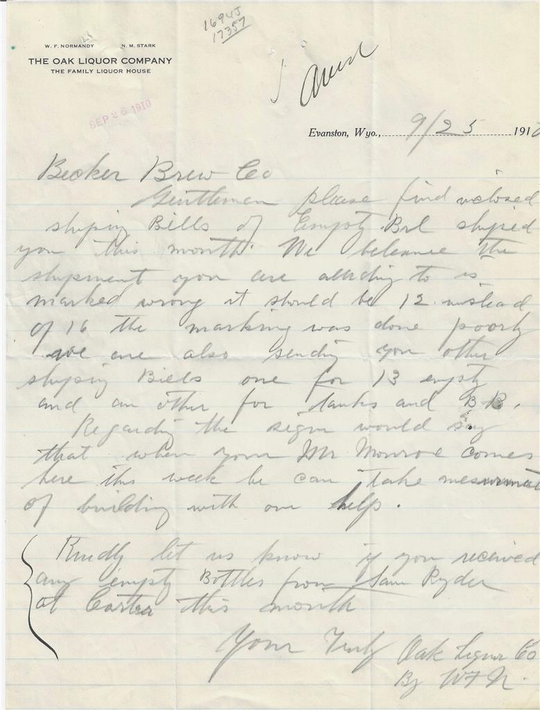 Oak Liquor Co. Evanston, Wyoming, 1910 Letterhead Becker Brewing