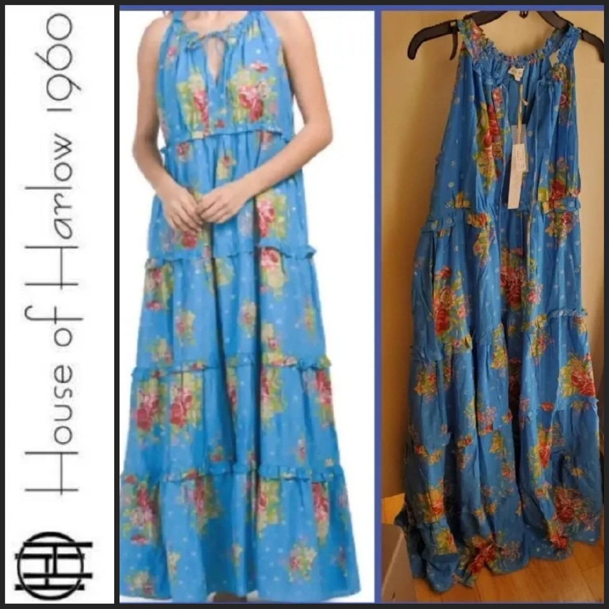 House of Harlow 1960 Blue Multi Floral Cotton Pocket Ruffle