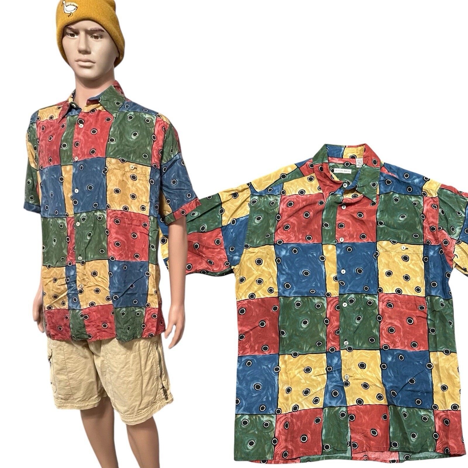 Vintage 100% Silk Burma Bibas Men’s Patchwork Shirt Hawaiian Peacock Print M
