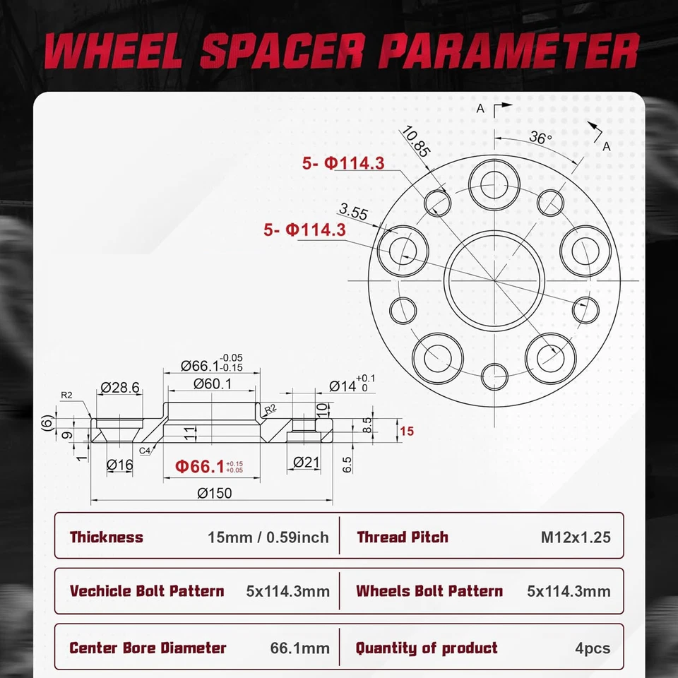 (4) 15mm Hubcentric 5x4.5 5x114.3 Wheel Spacers 12x1.25 For Nissan 350Z 370Z G35 - Image 3 of 4