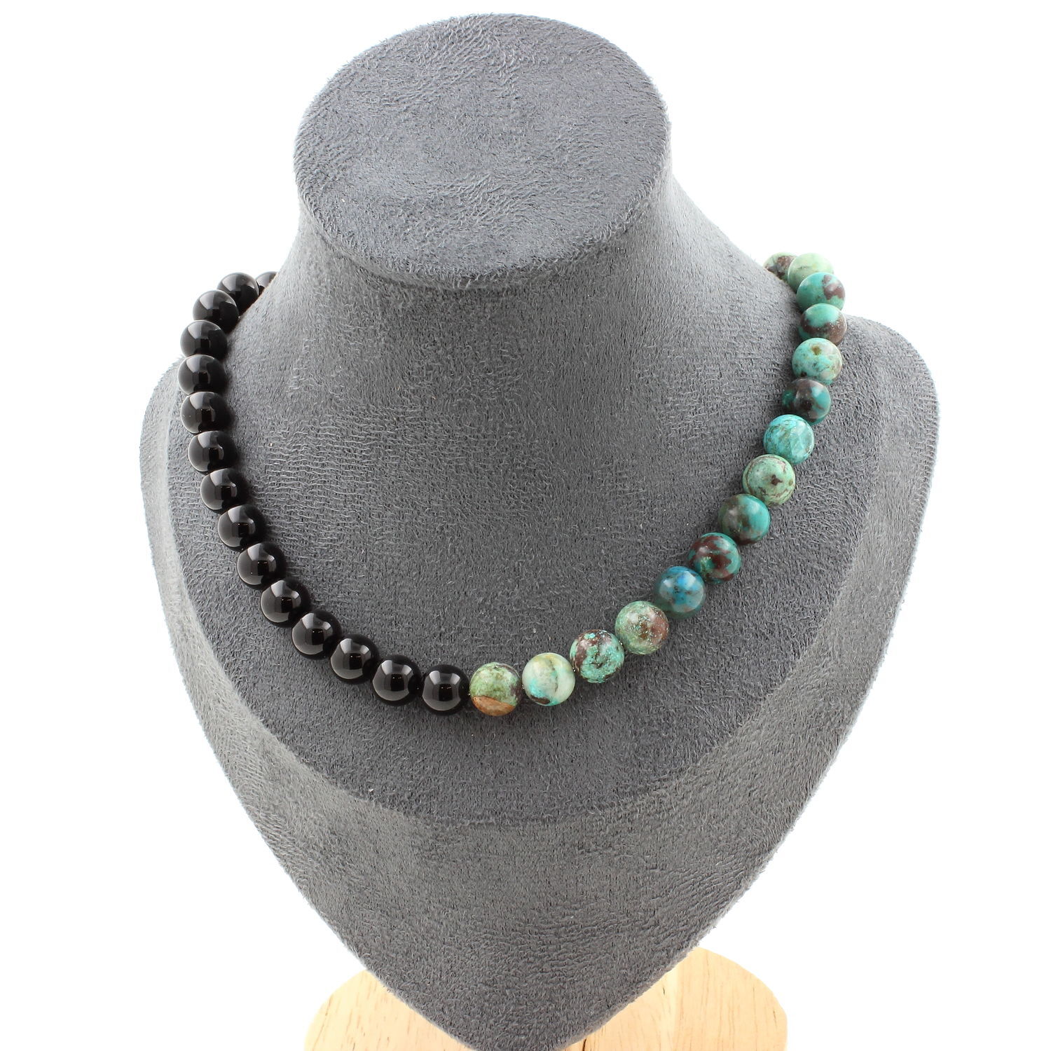 Collier chrysocolle de Namibie perles agate noire 8 mm bijoux femme 7A
