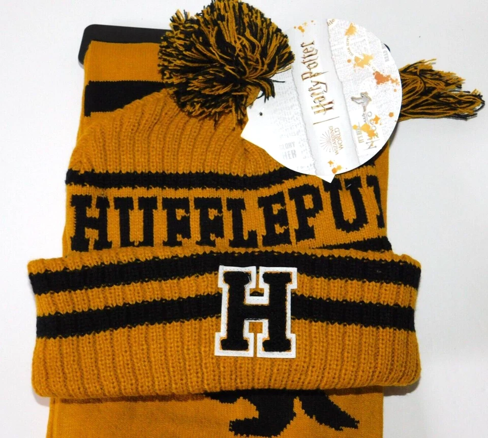 Harry Potter Hufflepuff Tejido Sombrero y Bufanda Conjunto Rayas Colegiales Talla Única Foto 2 de 4