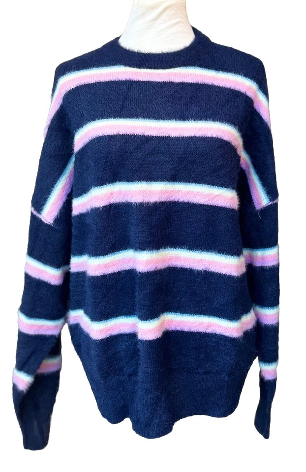 RVCA Women’s Navy Pink White Striped Knit Plunge Sweater Size L - Image 2 of 4