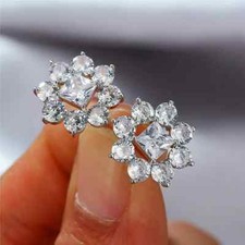 3CT Lab Created Diamond Halo Flower Shape Stud Earrings 14k White Gold Finish