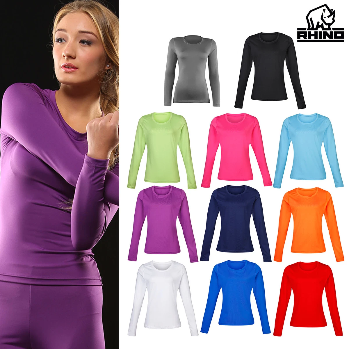 Rhino Women's Long Sleeve Baselayer T-Shirt RH003 -Ladies Gym Fitness  Sports Top