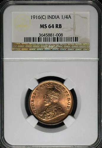 India British 1916(C) 1/4 Anna NGC MS64 RB Certified (One Of the Rare Coins)