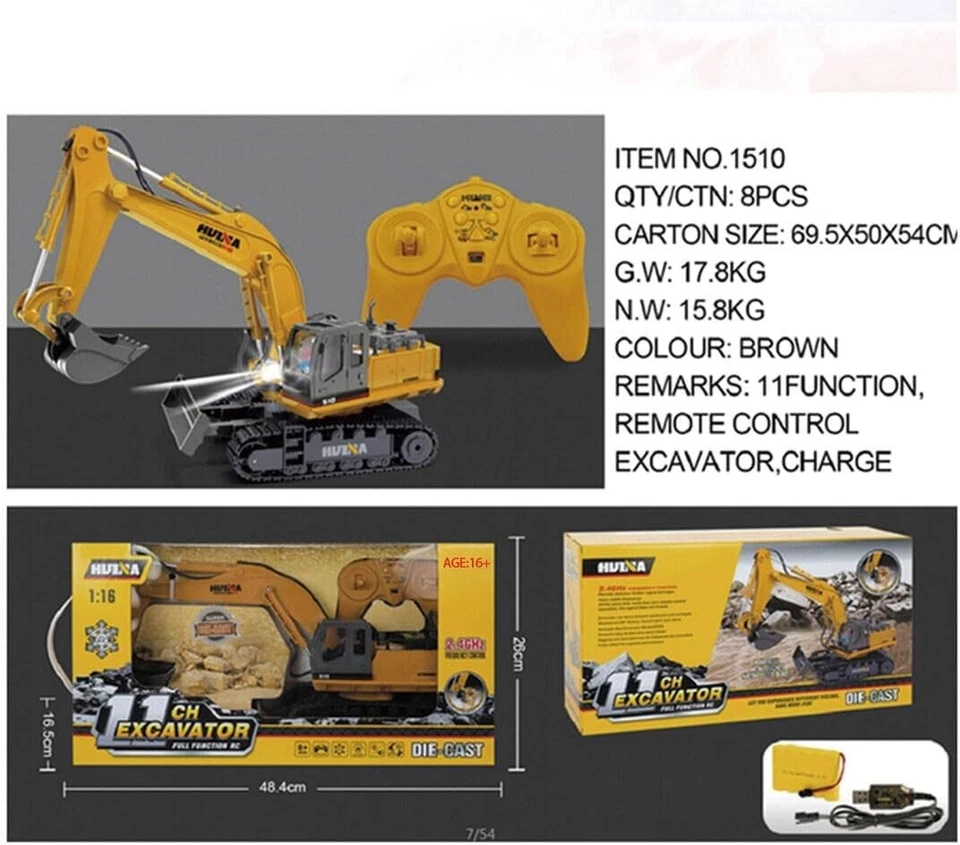 HUINA 1510 1:16 2,4G 11CH Escavatore Ruspa Elettrica 11 Canali LUCI Suoni RC RTR - Immagine 2 di 4