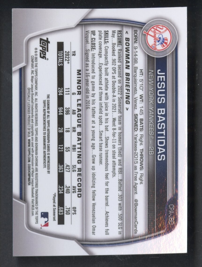 2023 Bowman Chrome Baseball Jesus Bastidas Green Refractor 1st Auto /99