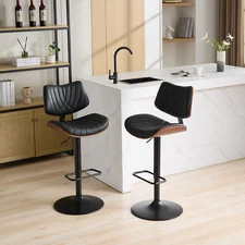 2Set Barstools Swivel PU Leather Pub Chairs 25-33.4"Height Walnut Bentwood Black