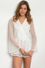 White Long Bell Sleeve Mesh Romper Size Medium Lined