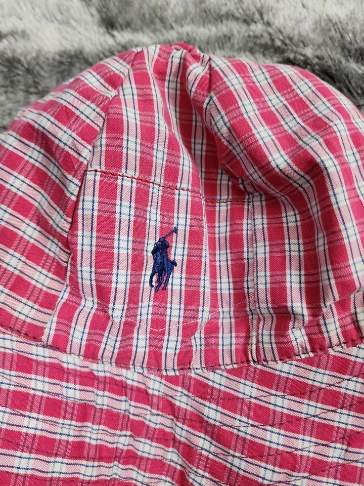 Ralph Lauren Label Pink Plaid Bucket Hat Kids Size S/M Cotton Blend Blue Pony - Image 4 of 4