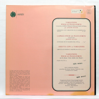 PAUL BADURA-SKODA - HAYDN pieces for the pianoforte ASTREE AS84 LP