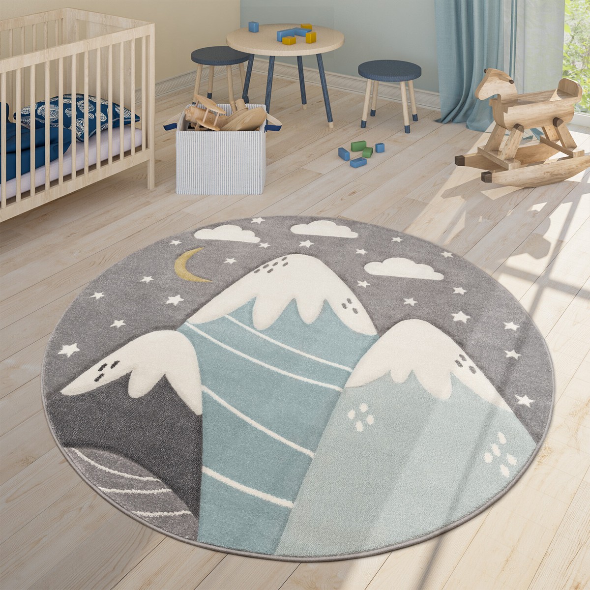 Nursery Rug Childrens Rug Mountain Motif Stars Clouds 3D