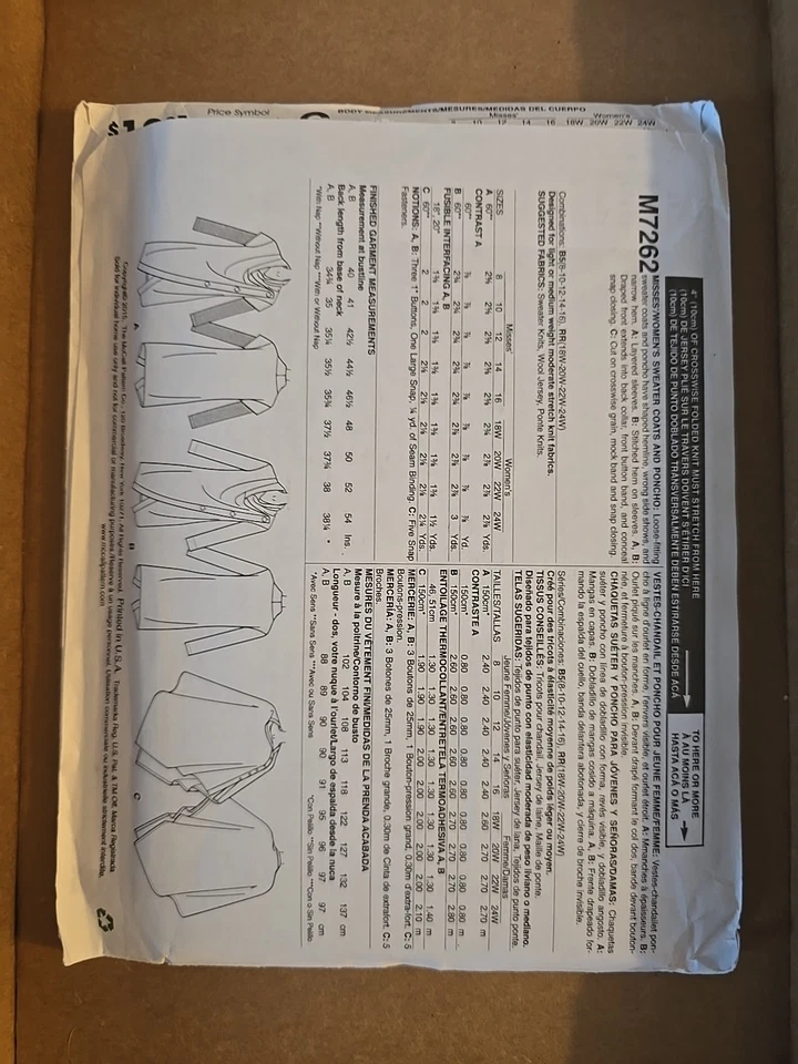 McCalls M7262 Misses Sweater Coats & Poncho Sizes 18W-24W Uncut Brand New - Image 2 of 2